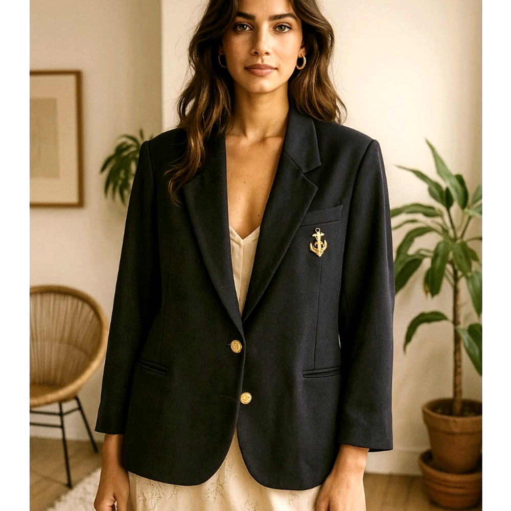 Embroidered Nautical CREST Wool Blazer M Vintage Navy Blue Gold Buttons Sezane